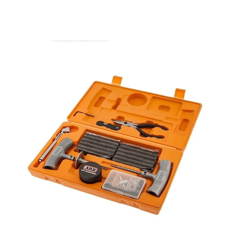 Emergency tyre repair tool kit with pressure gauge and tools in compact case