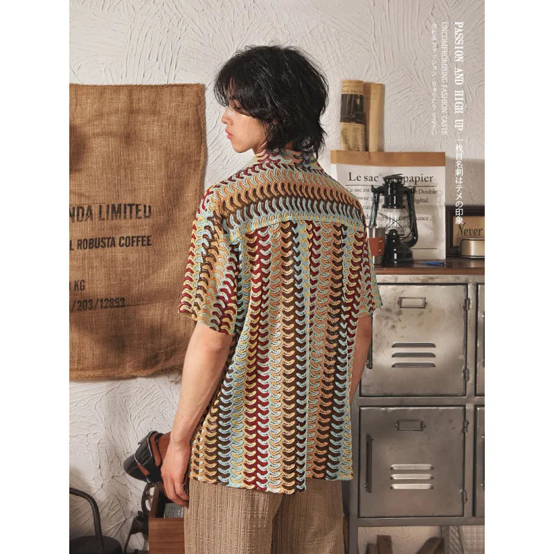 Grey Japanese-style men's short sleeve shirt with Cuban collar and textured jacquard fabric, slim fit for plus size.
