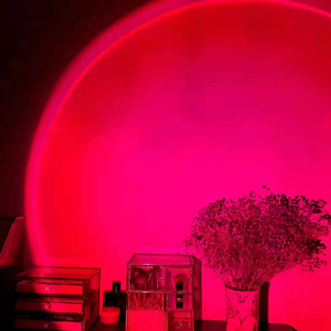 Sunset red rechargeable rainbow projection lamp with USB power connection and push-button control