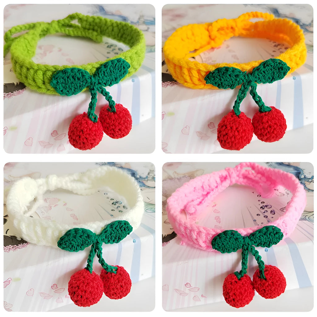 Handmade knitted cat collar in cotton thread with fruit pattern, free size 60cm, princess style