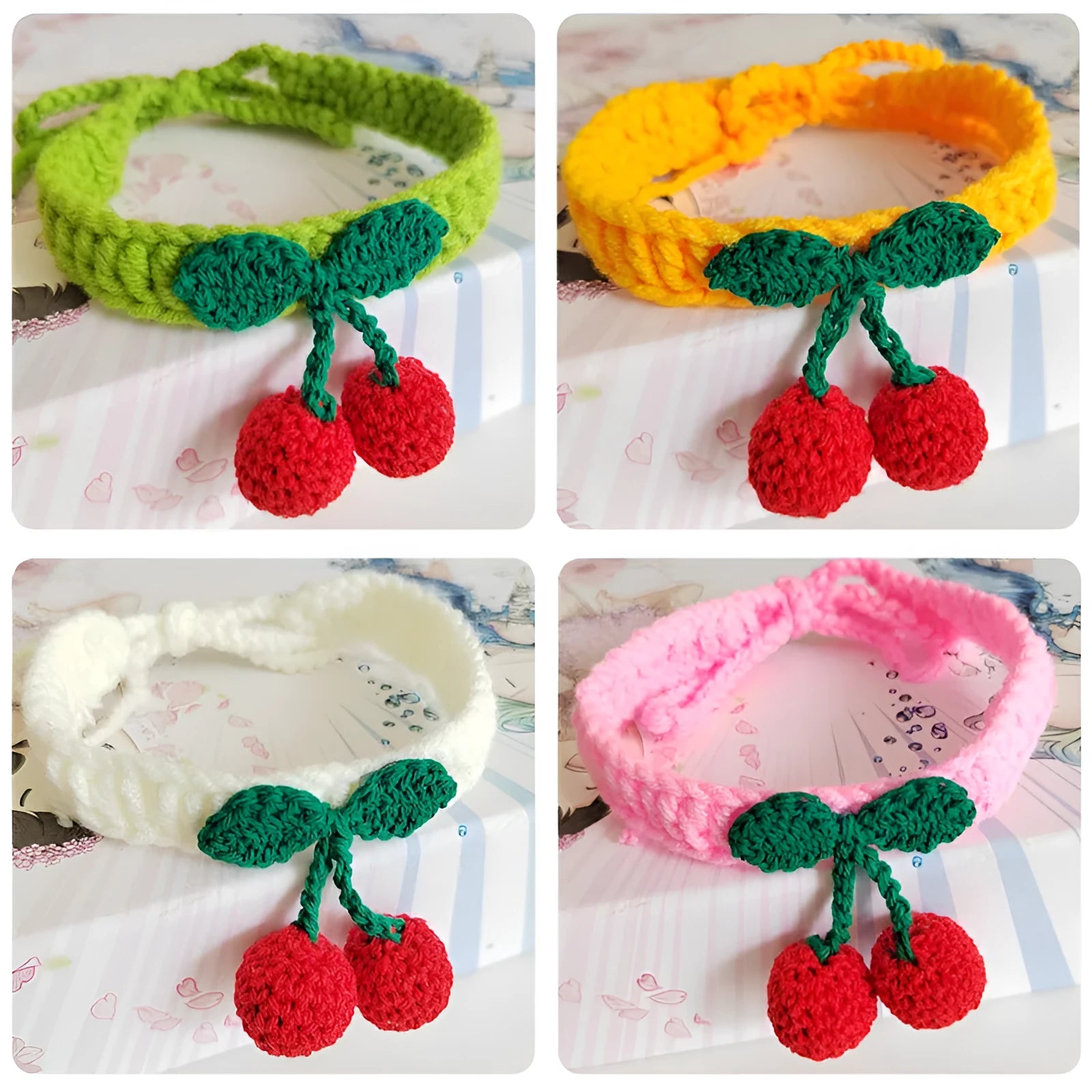 Handmade knitted cat collar in cotton thread with fruit pattern, free size 60cm, princess style