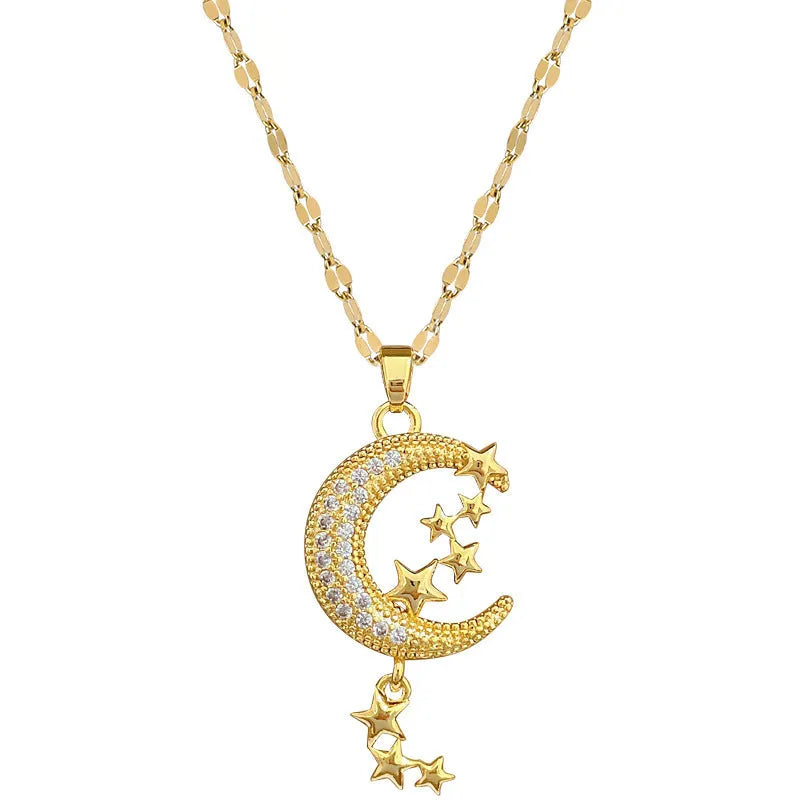 Geometric moon pendant necklace with tassel detailing and diamond accents on copper