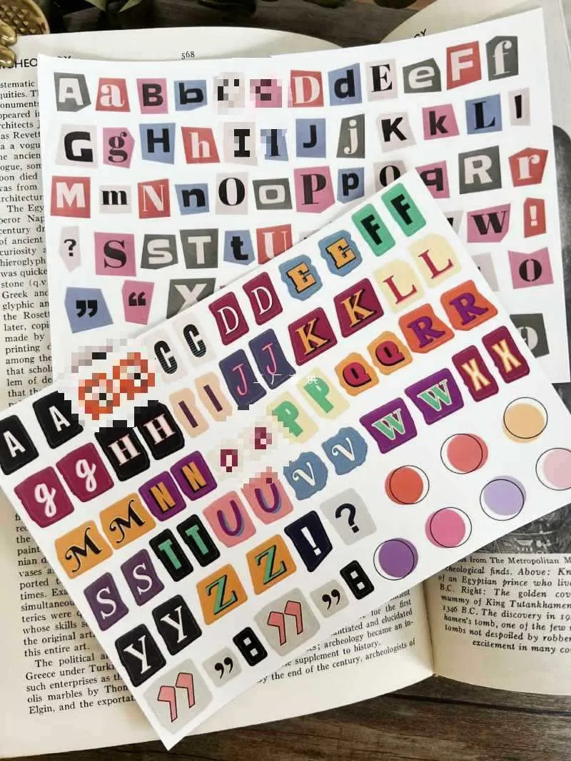 Decorative English letters and numbers sticker collection with weekday words for journaling and craft projects