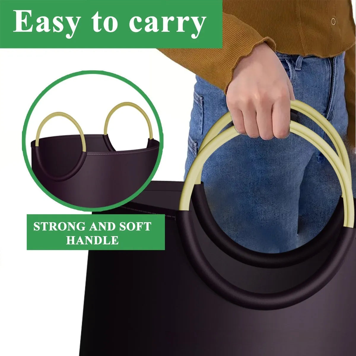 Round portable PP plastic trash can, 38x72cm, shown with included garbage bag.