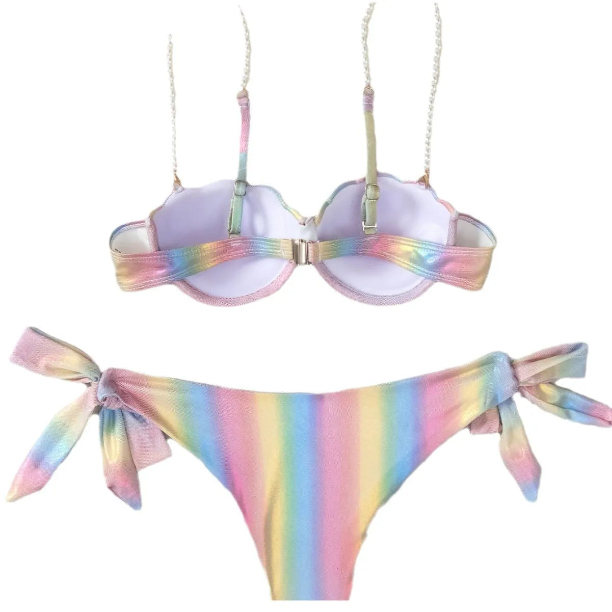 Women's shell rainbow pattern bikini with tied bandeau top and split briefs