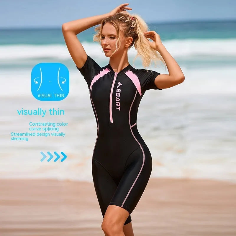 Women's solid colour surfing suit with chest pad in quick-dry nylon fabric
