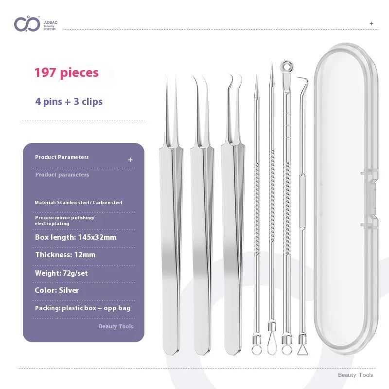 Four metal acne needles with ultra-fine pointed tips laid out in a set.