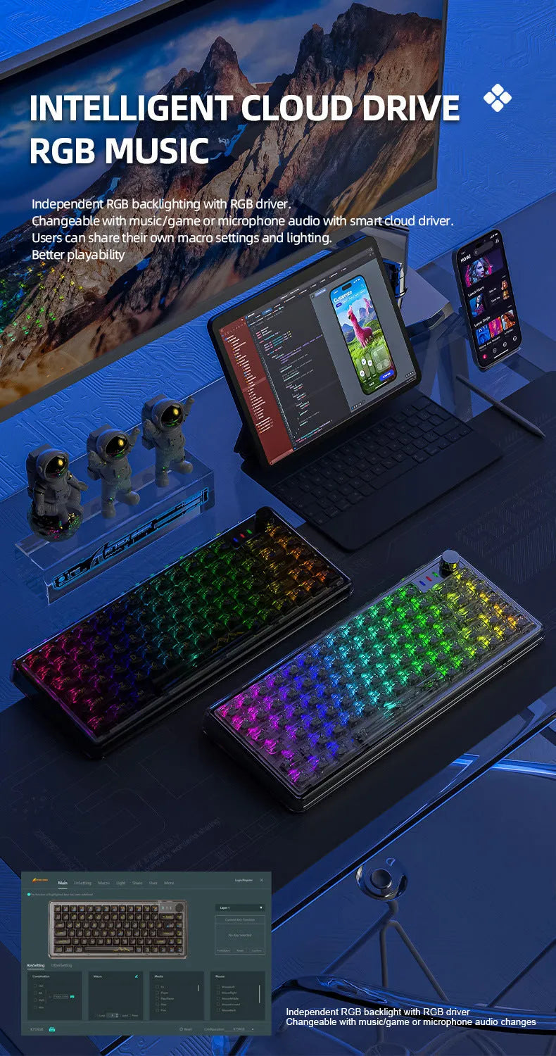 Attack Shark K75RGB wireless mechanical keyboard with transparent white case and RGB backlighting on a desk.