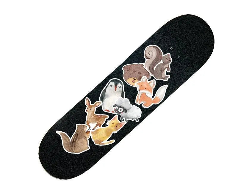 Set of 36 large retro-themed beach stickers featuring surfboards, seashells, and palm trees on a matte PVC sheet.