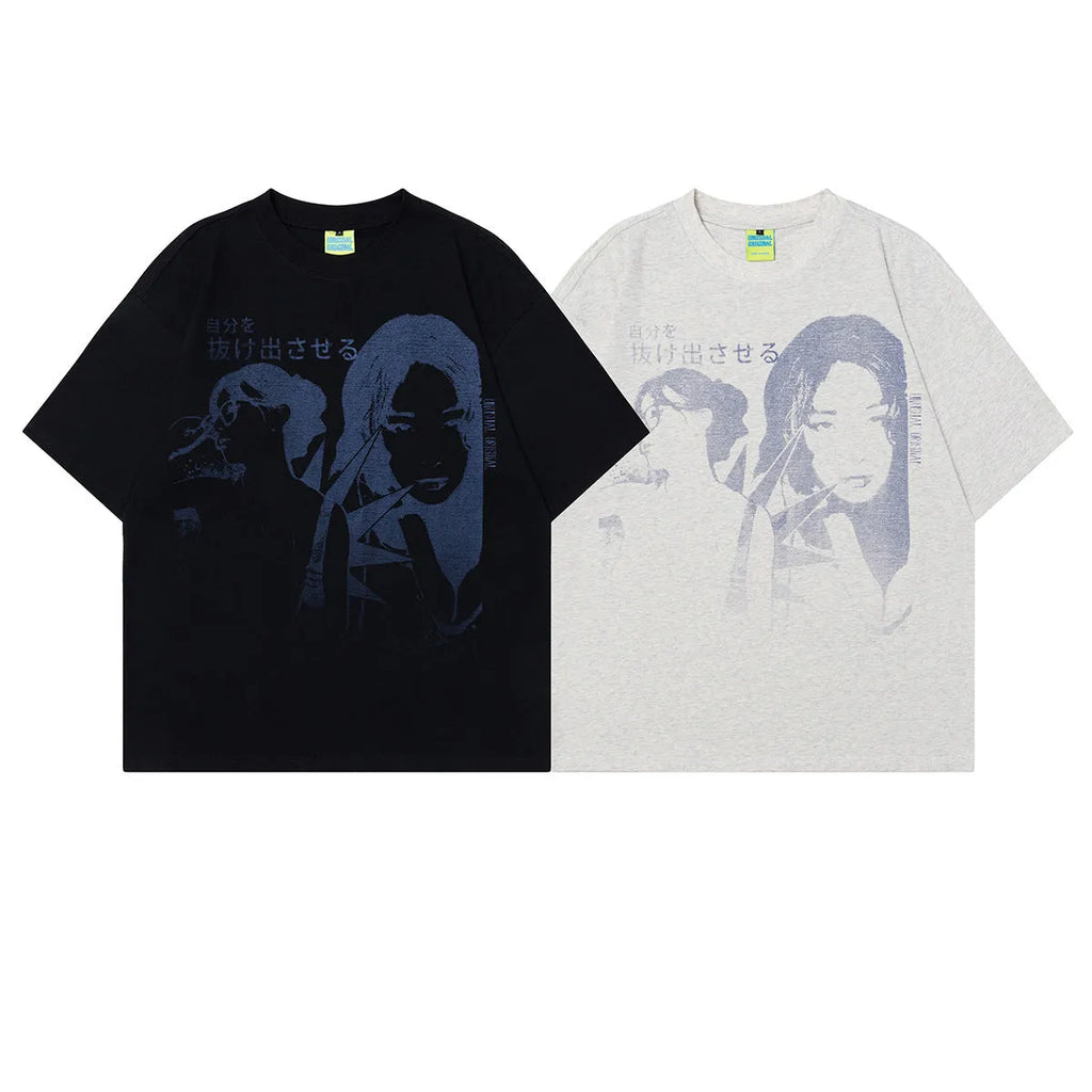 Men's loose fit pure cotton short sleeve t-shirt with retro graphic print in black or melange gray