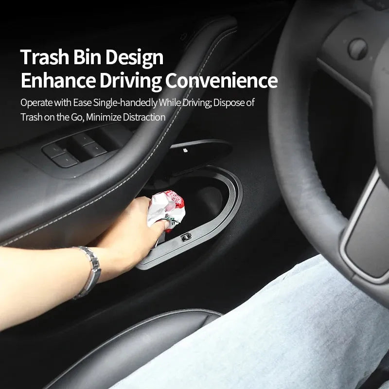 Two black ABS plastic car door trash cans designed for the front door pockets of a Tesla Model Y.