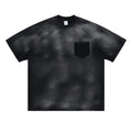 Black men's loose fit cotton t-shirt with drop-shoulder sleeves and a printed letter design on the front.