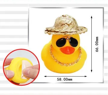 Cartoon yellow duck wearing straw hat car dashboard ornament with sunglasses necklace accessory