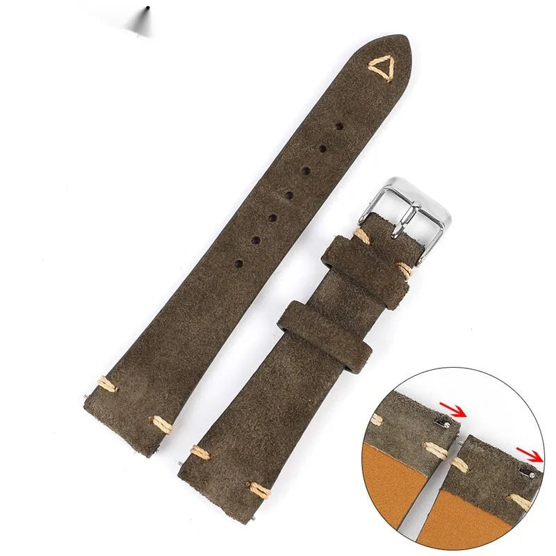 Genuine suede leather watch strap in brown, shown detached, with 20mm and 22mm width options.