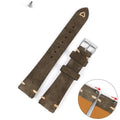 Genuine suede leather watch strap in brown, shown detached, with 20mm and 22mm width options.