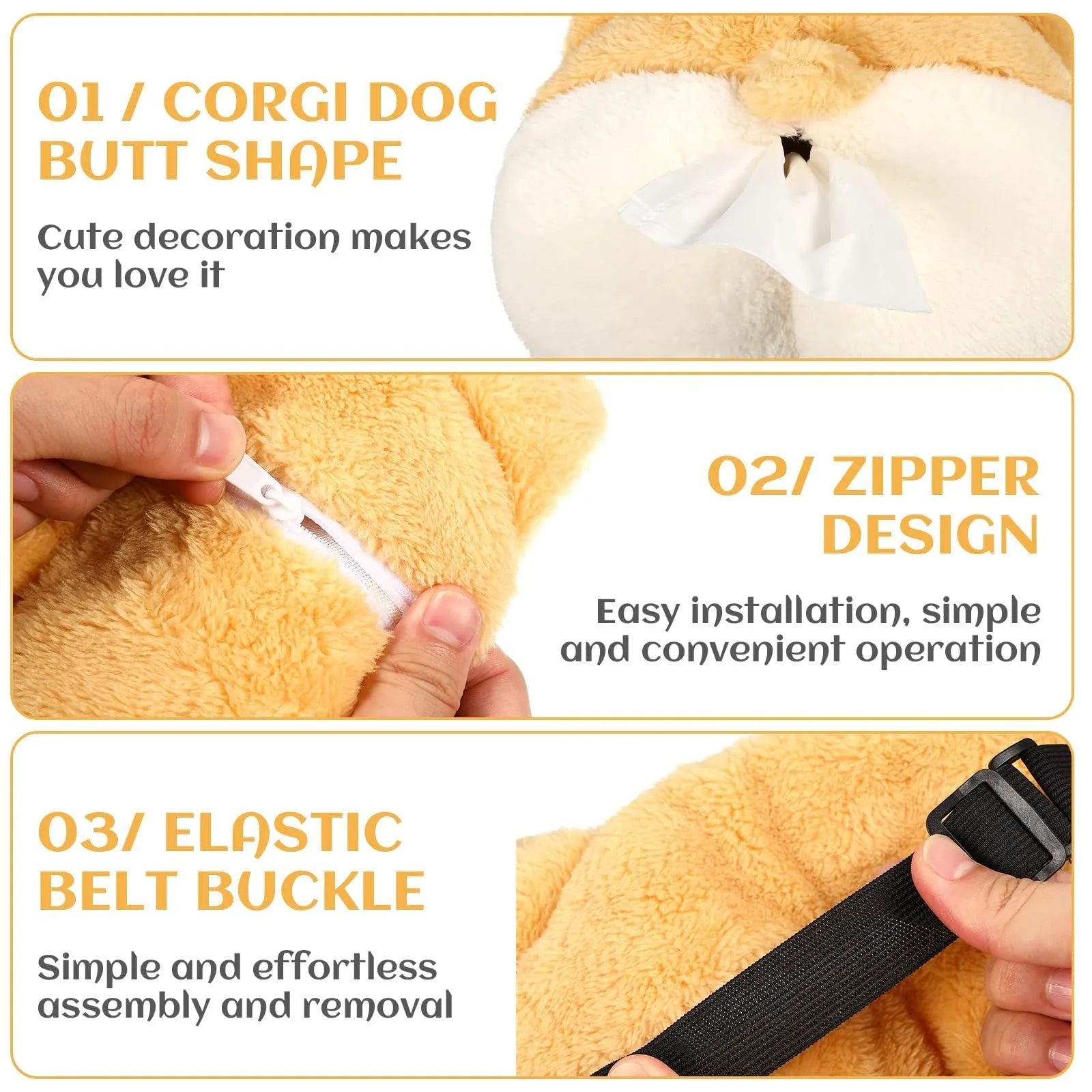 Yellow corgi butt-shaped tissue box cover with elastic back for car sun visor mounting