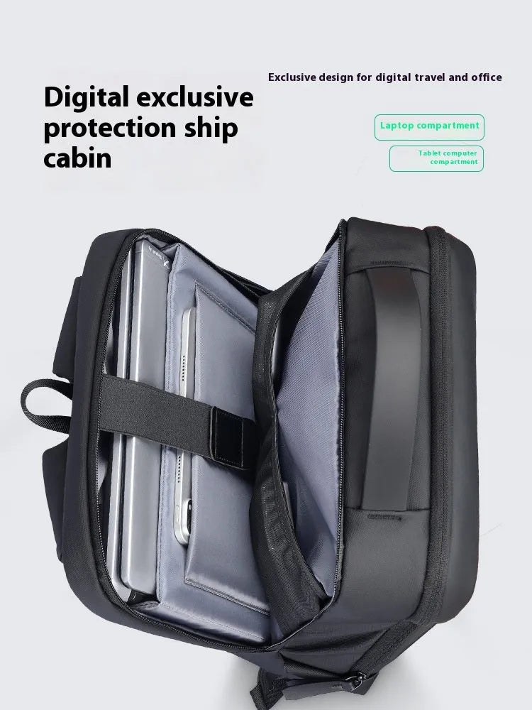 Graphite grey Oxford cloth business backpack with a USB charging port on the exterior.