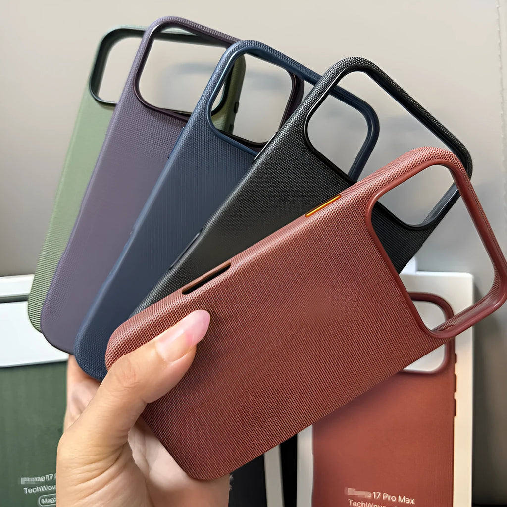 Woven cloth pattern magnetic suction phone case for iPhone 17 series in blue colour
