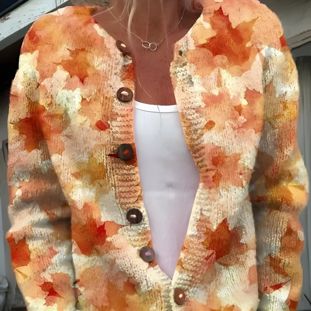 Yellow digital printing cardigan knitted coat with 3D stereo pattern design
