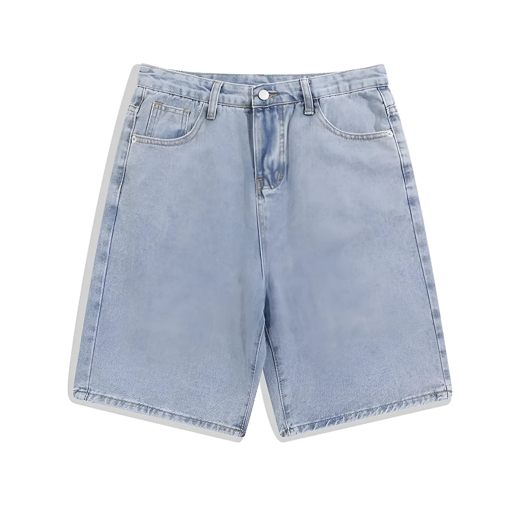 Men's solid colour denim shorts with straight-leg five-point cut and zipper fly opening