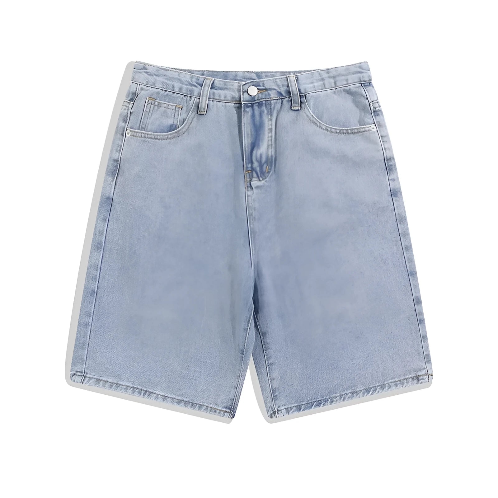 Men's solid colour denim shorts with straight-leg five-point cut and zipper fly opening
