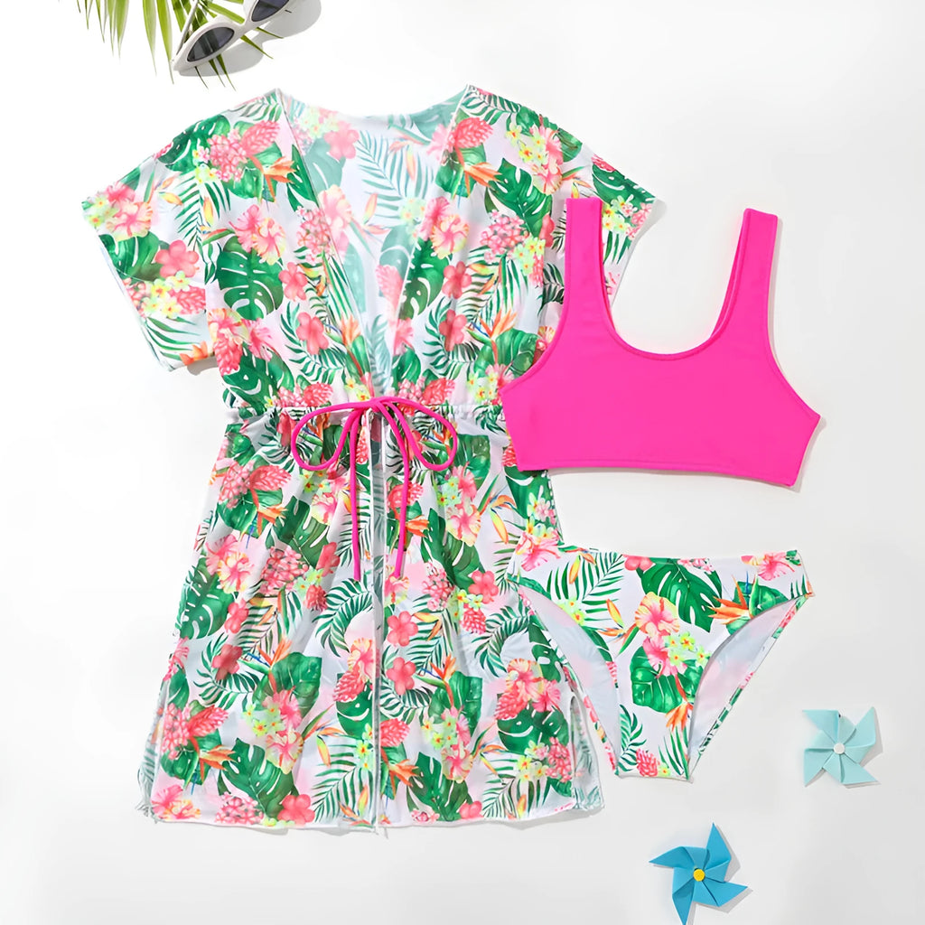 Girls' floral two-piece swimsuit with matching split overlayer in polyester fabric