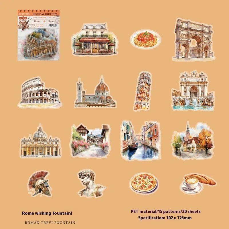 Holiday Journey Series retro architecture journal stickers showing seven global landmark designs.