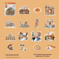 Holiday Journey Series retro architecture journal stickers showing seven global landmark designs.