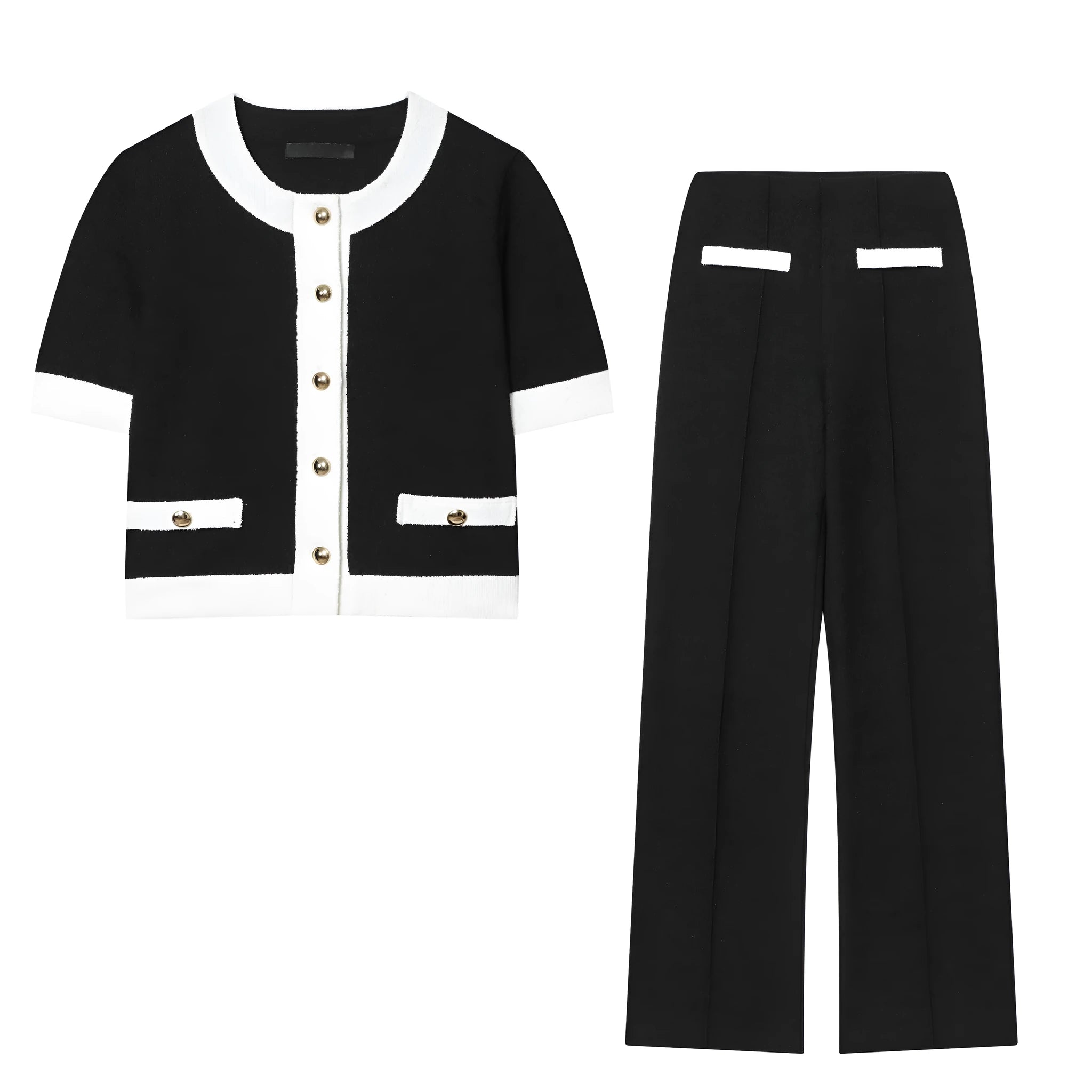 Polyester street fashion suit with round neck top and high-waisted trousers in coordinated colours