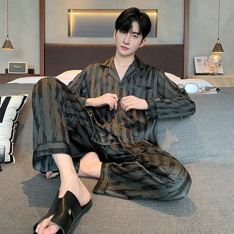 Men's black stripes ice silk pyjama set with V-neck top and long trousers
