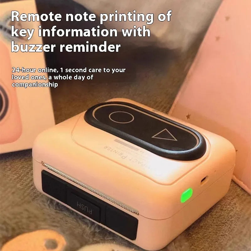 Compact Avocado Green Bluetooth thermal printer next to a mobile phone showing a photo being printed.