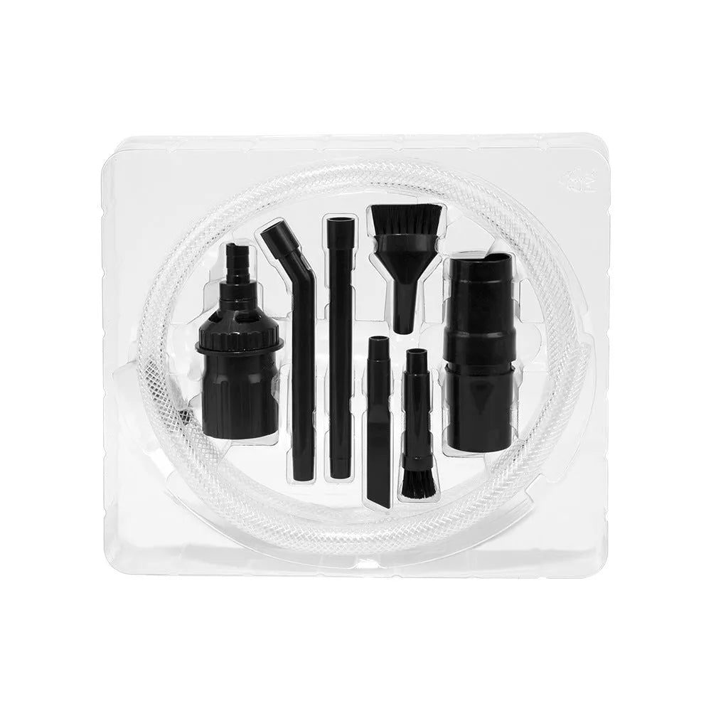 Eight-piece vacuum cleaner accessory set with small suction head for confined space cleaning
