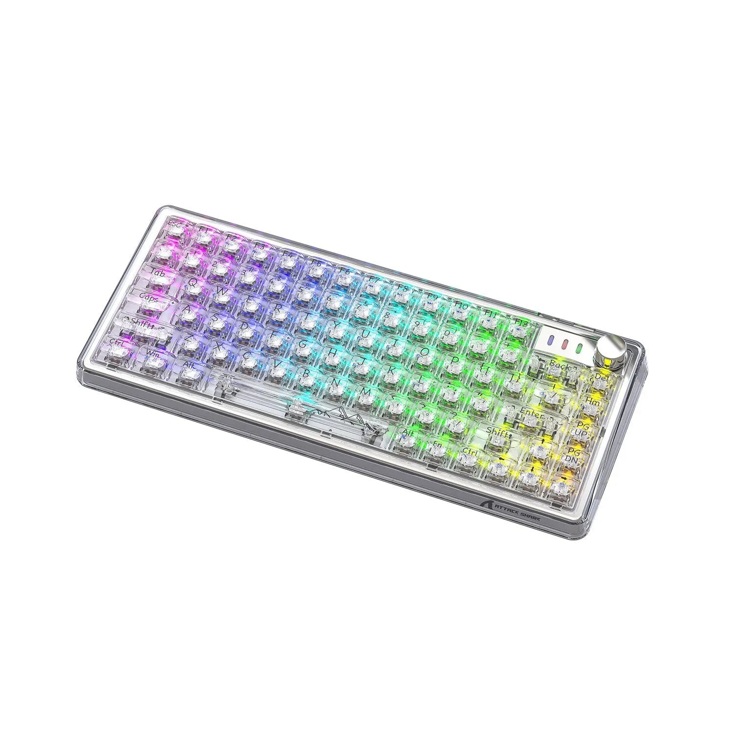Attack Shark K75RGB wireless mechanical keyboard with transparent white case and RGB backlighting on a desk.