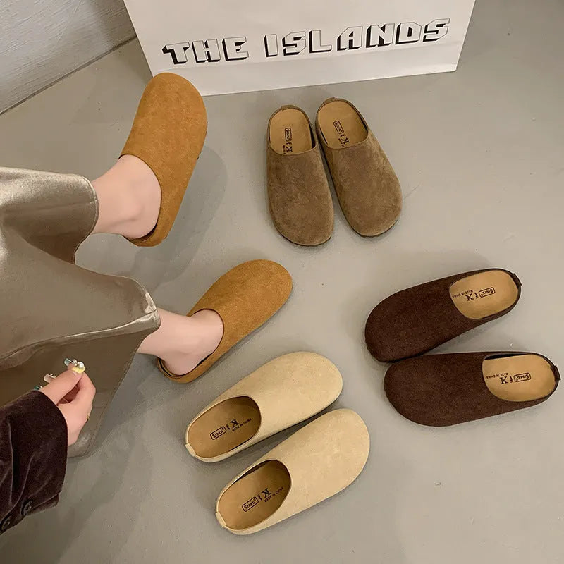 Korean style flat slip-on slippers in apricot colour with a square toe and PU sole.