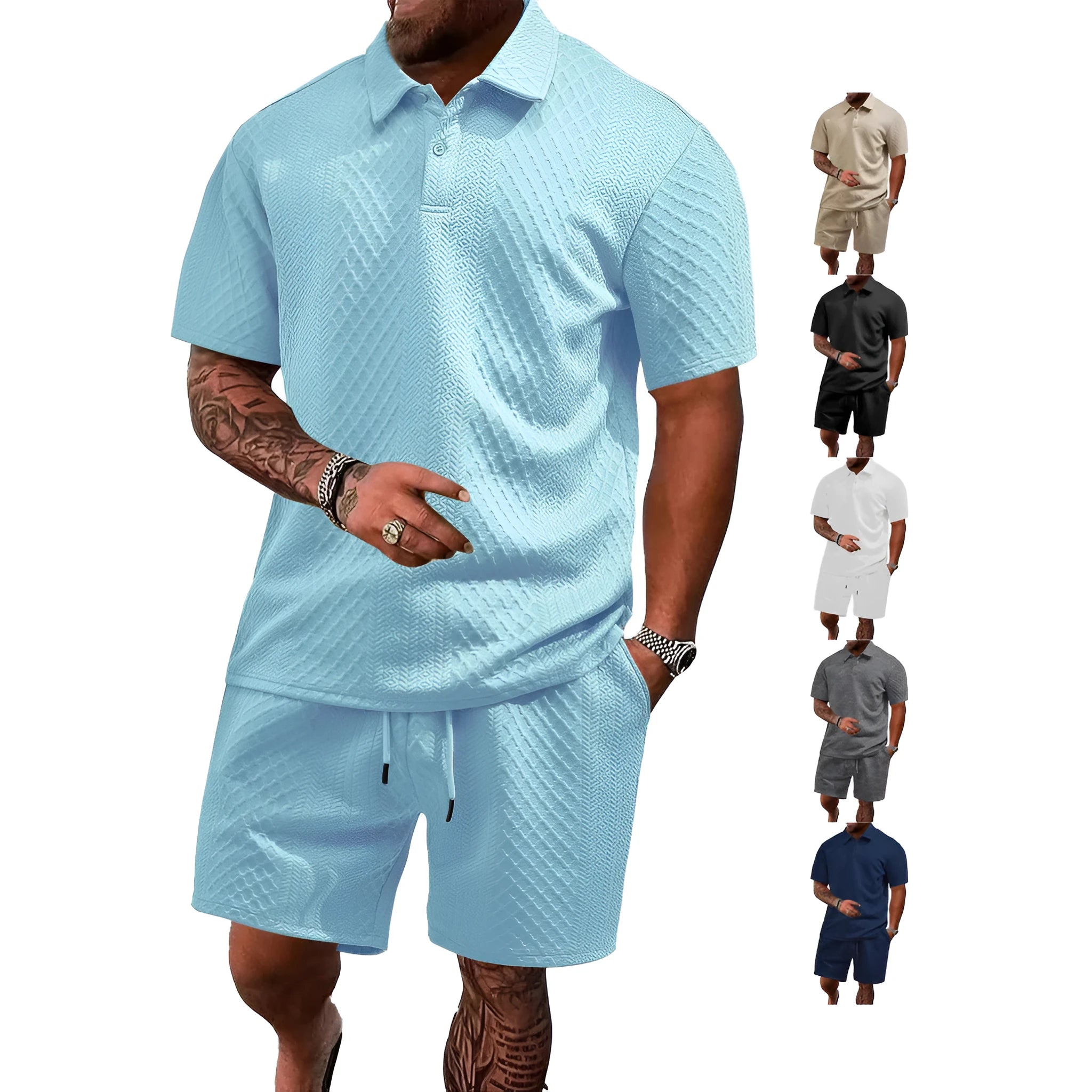 Man wearing a light grey thin figured cloth short sleeve polo shirt and trousers from a casual suit set.