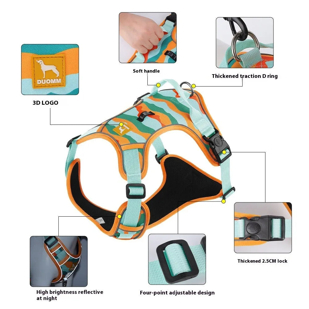 Orange Oxford cloth dog harness with reflective rope on a dog's chest and back