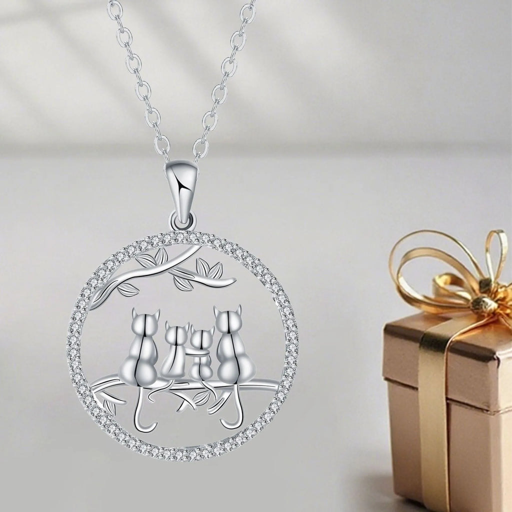 Original design copper necklace with four kitten pendants on a cross chain for women.