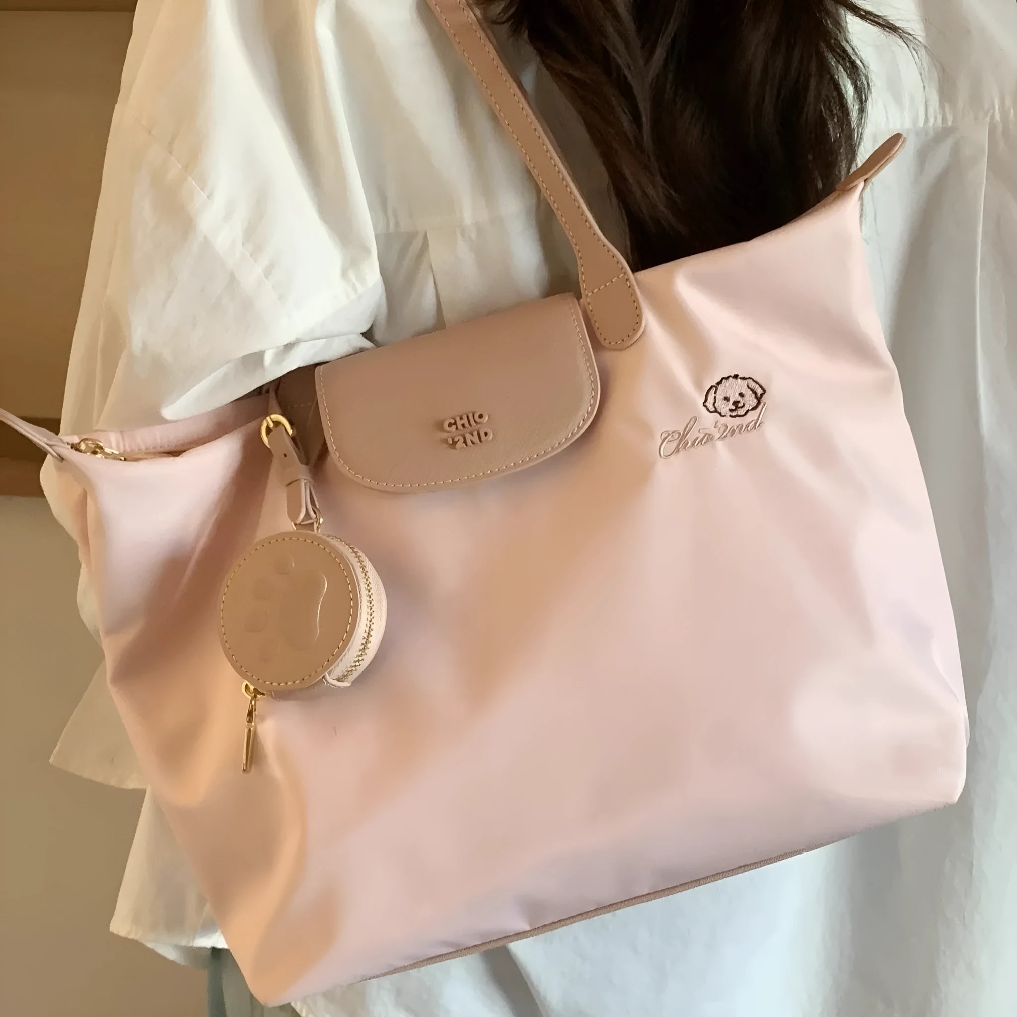 Oxford cloth pink shoulder tote bag with internal mobile phone compartment and sandwich pocket design