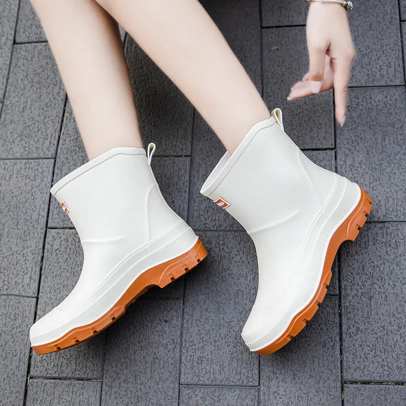 Women's non-slip waterproof rubber shoes flat heel solid colour plastic upper low tube
