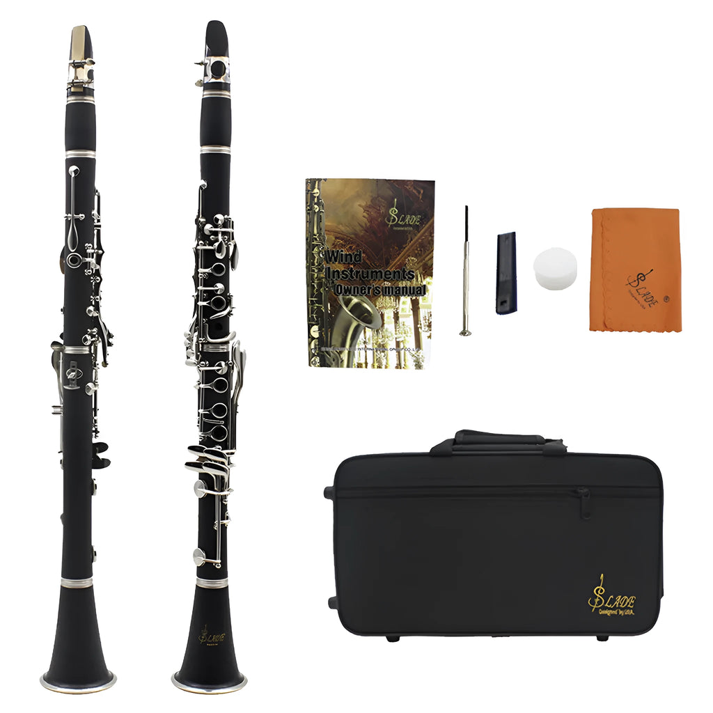 Black Bakelite clarinet with 17 nickel-plated keys and carrying bag for beginners
