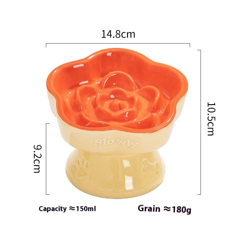 Ceramic pet bowl with high foot design showing anti-tumble stability feature