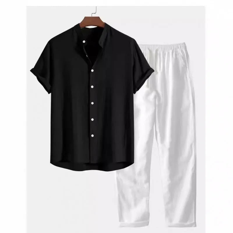 Men's loose fit casual short sleeve shirt and trousers suit in a linen blend fabric.