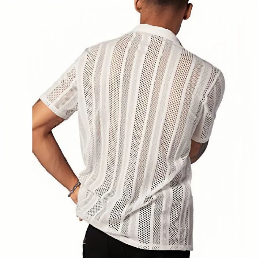 Man wearing a white knitted short-sleeved button-down shirt with a cardigan style front.