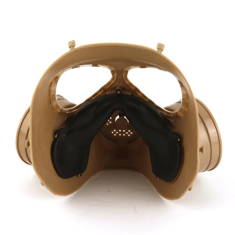 Outdoor anti-virus twin fan mask in black with transparent lens, head-mounted TPR design