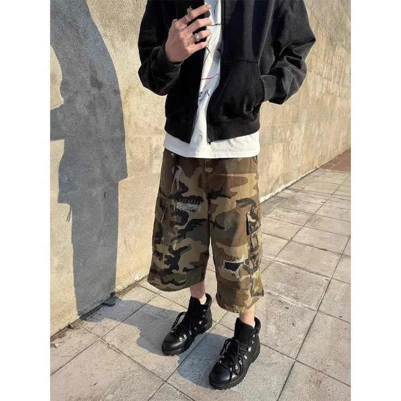 Men's cropped camouflage jeans with retro patch and ripped detailing in straight leg cut