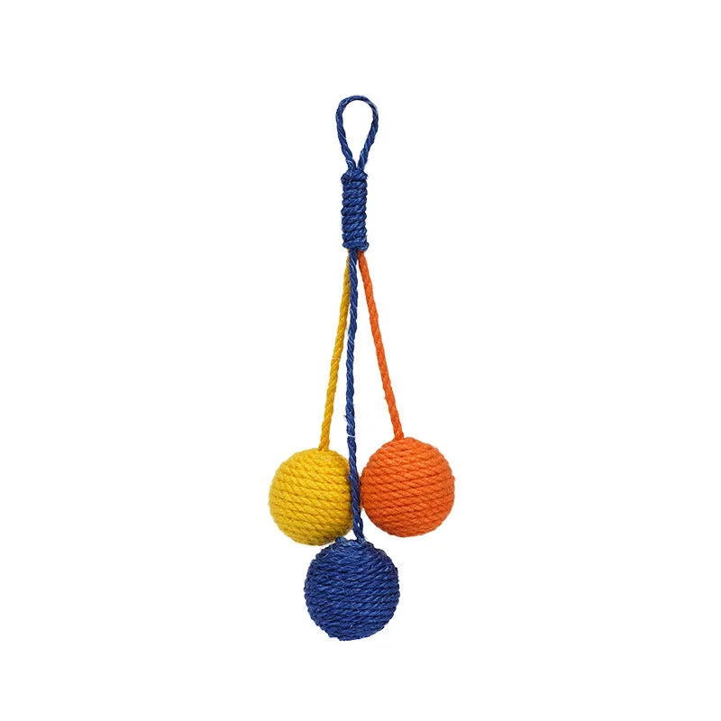 Blue and green cat toy set with a teaser stick and a catnip ball on a white background.