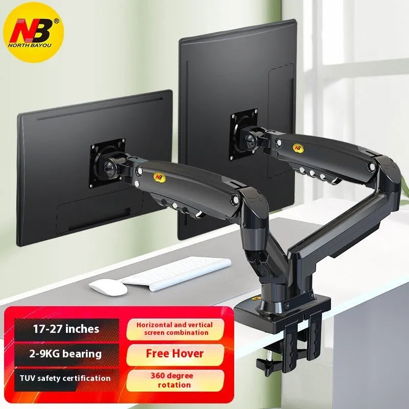 Aluminium alloy dual computer monitor desk mount bracket in gun black holding two screens