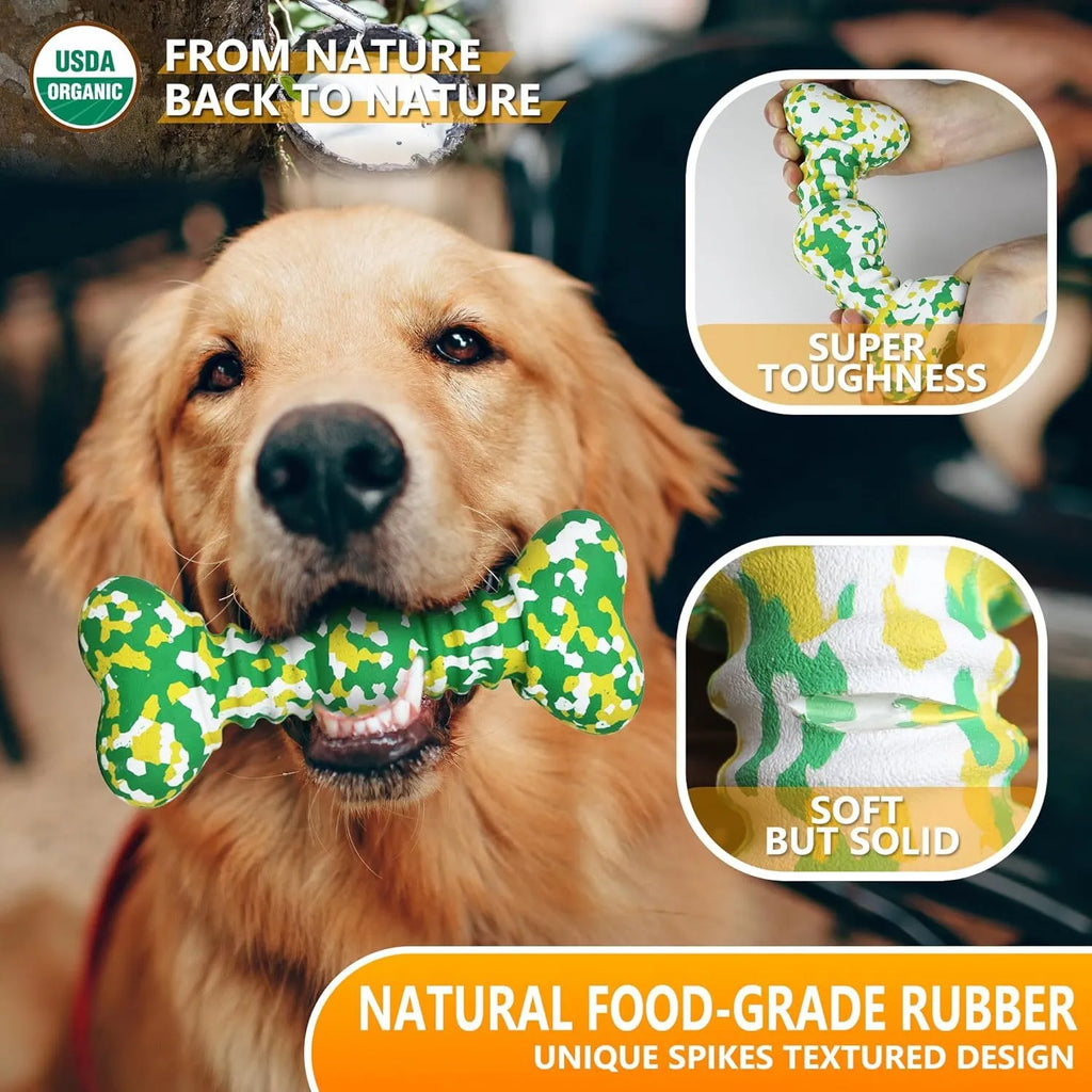 USDA Organic natural rubber dog chew toy with camouflage pattern for medium and large breed dogs