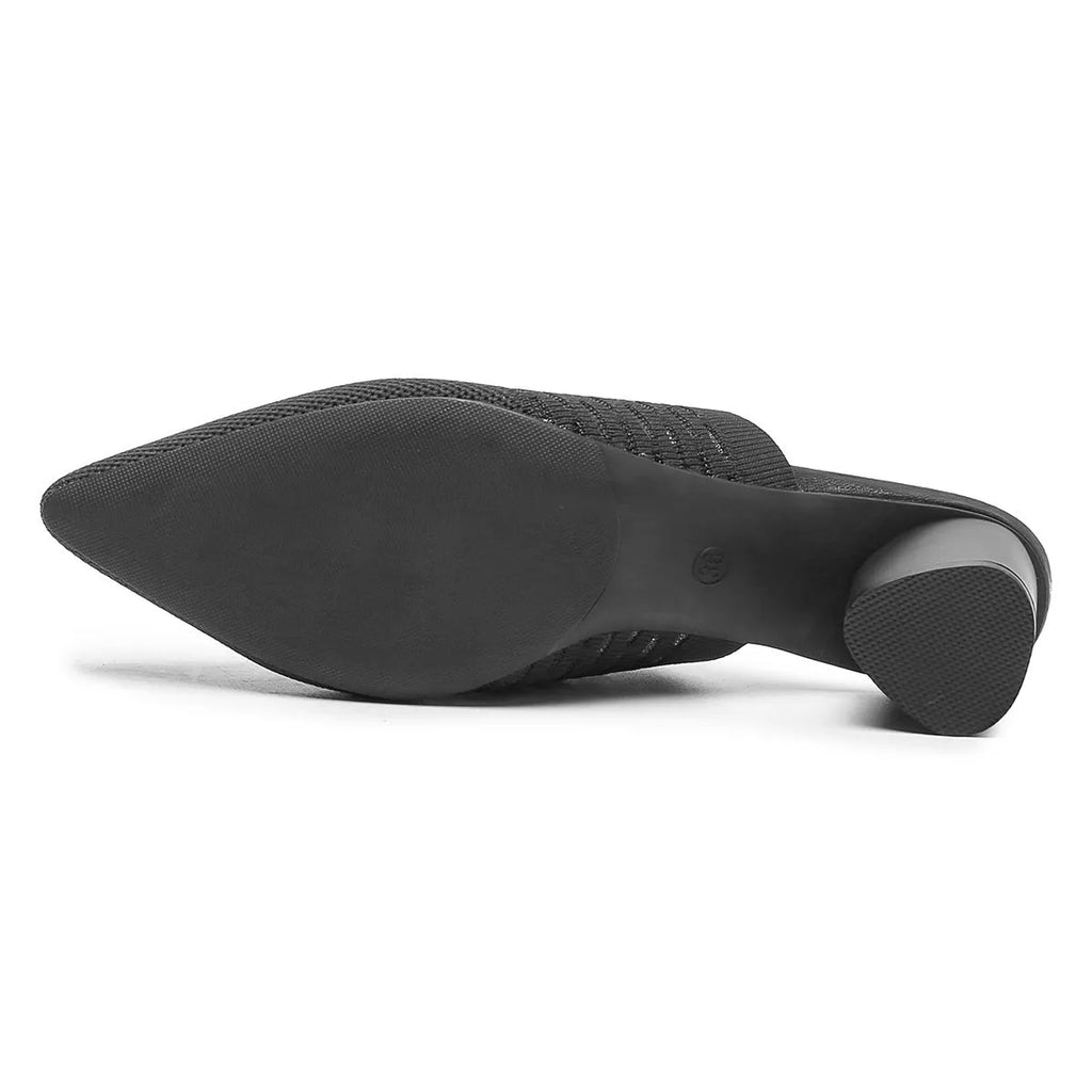 Women's black pointed toe sandals with a fabric upper and 5cm chunky rubber heel.
