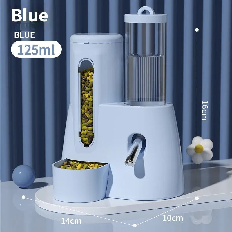 Blue plastic automatic drinking water feeder and food basin for hamsters on a white background